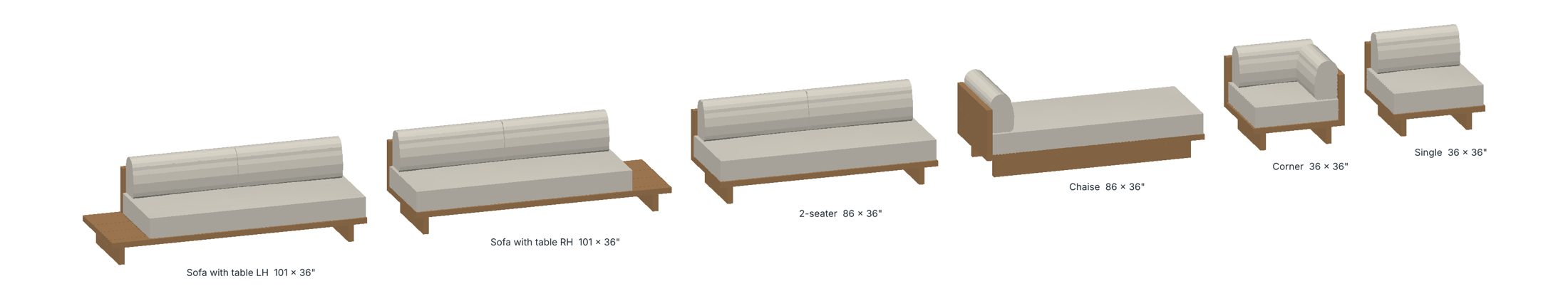 The Matata pieces side by side at the same scale: sofa with table in both hands, 2-seater, chaise, corner, single
